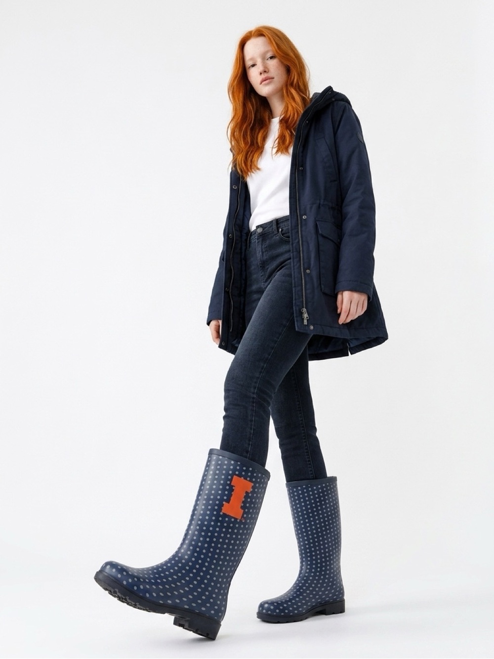 Navy Polka Dot Rain Boots with Orange Accent